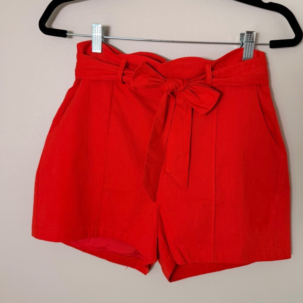 Tomato Red Scalloped Paperbag Waist Tie Belt Shorts (S) High Rise Pleated Resort - Picture 2 of 16